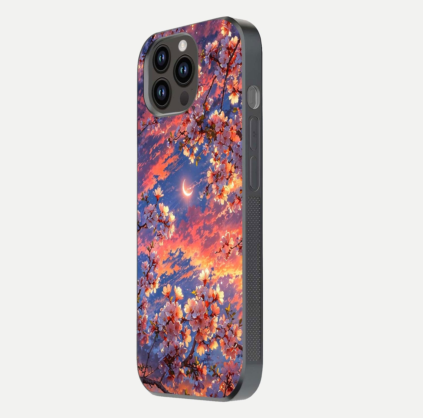Celestial Sakura Sunset Glass Case for iPhone 14 Pro Max side-angle image showing edge glow and petal texture