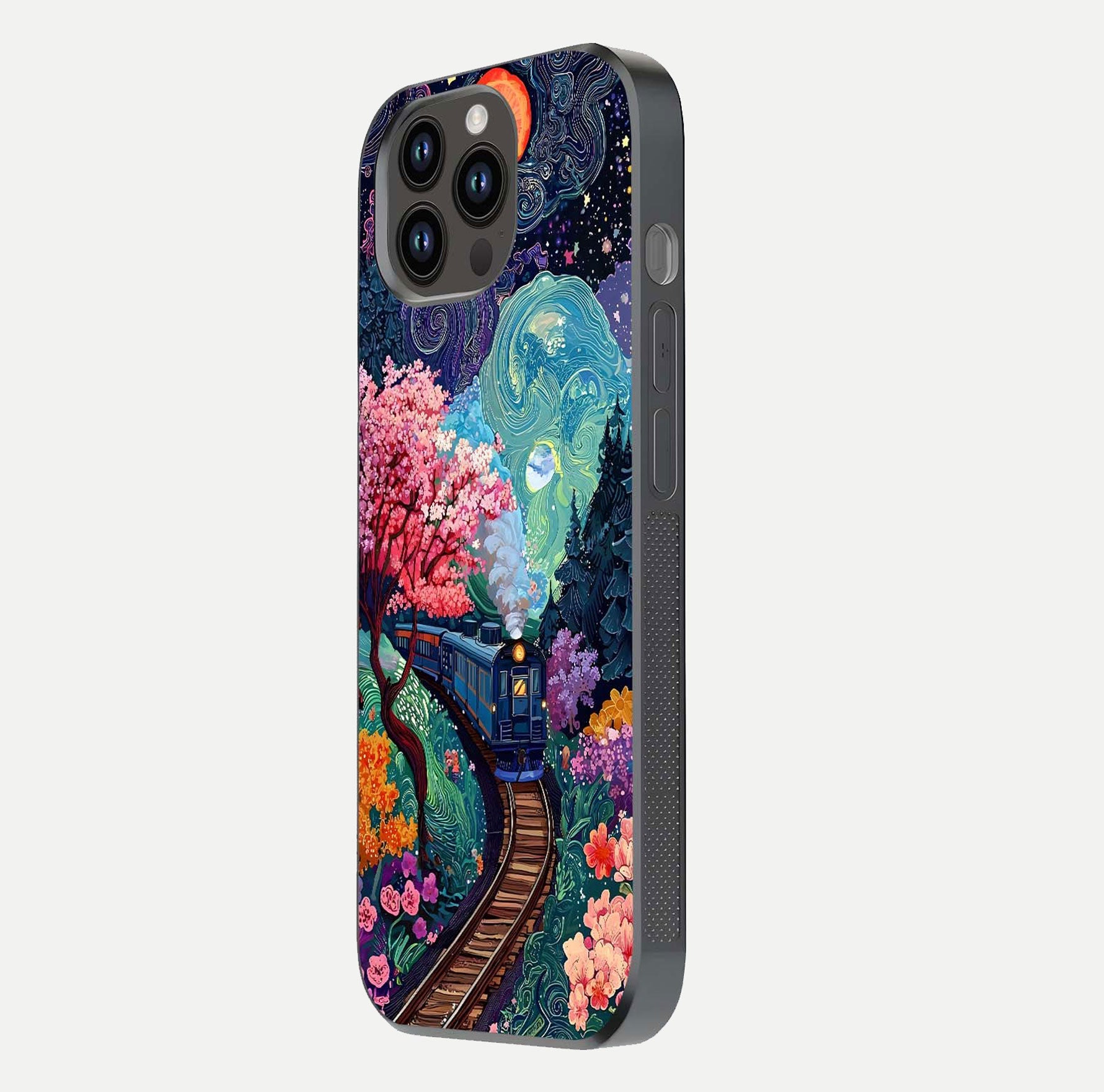 Celestial Train Journey Glass Case for iPhone 14 Pro Max side-angle image showing polished curve and HD print detail