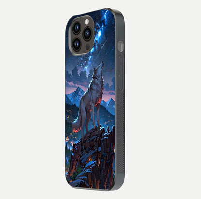 Celestial Wolf Howl Glass Case for iPhone 14 Pro Max side-angle image showing curve polish and moon glow
