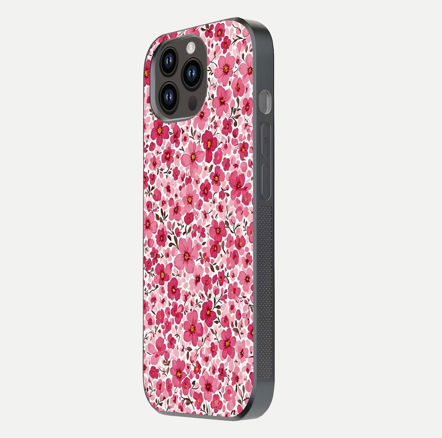 Cherry Blossom Charm Glass Case for iPhone 14 Pro Max side-angle image showing reflection gloss and soft texture