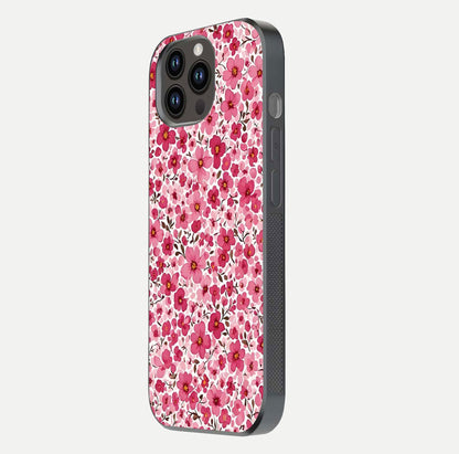 Cherry Blossom Charm Glass Case for iPhone 14 Pro Max side-angle image showing reflection gloss and soft texture