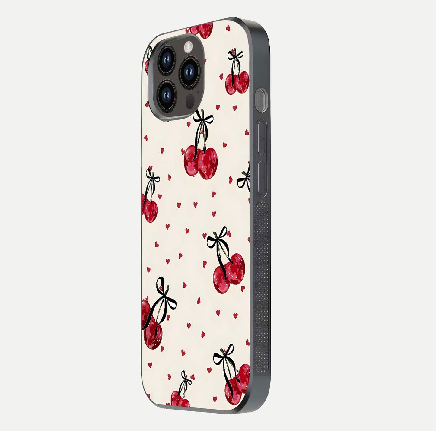 Cherry Heart Bow Glass Case for iPhone 14 Pro Max side-angle image capturing gloss texture and charm bow art