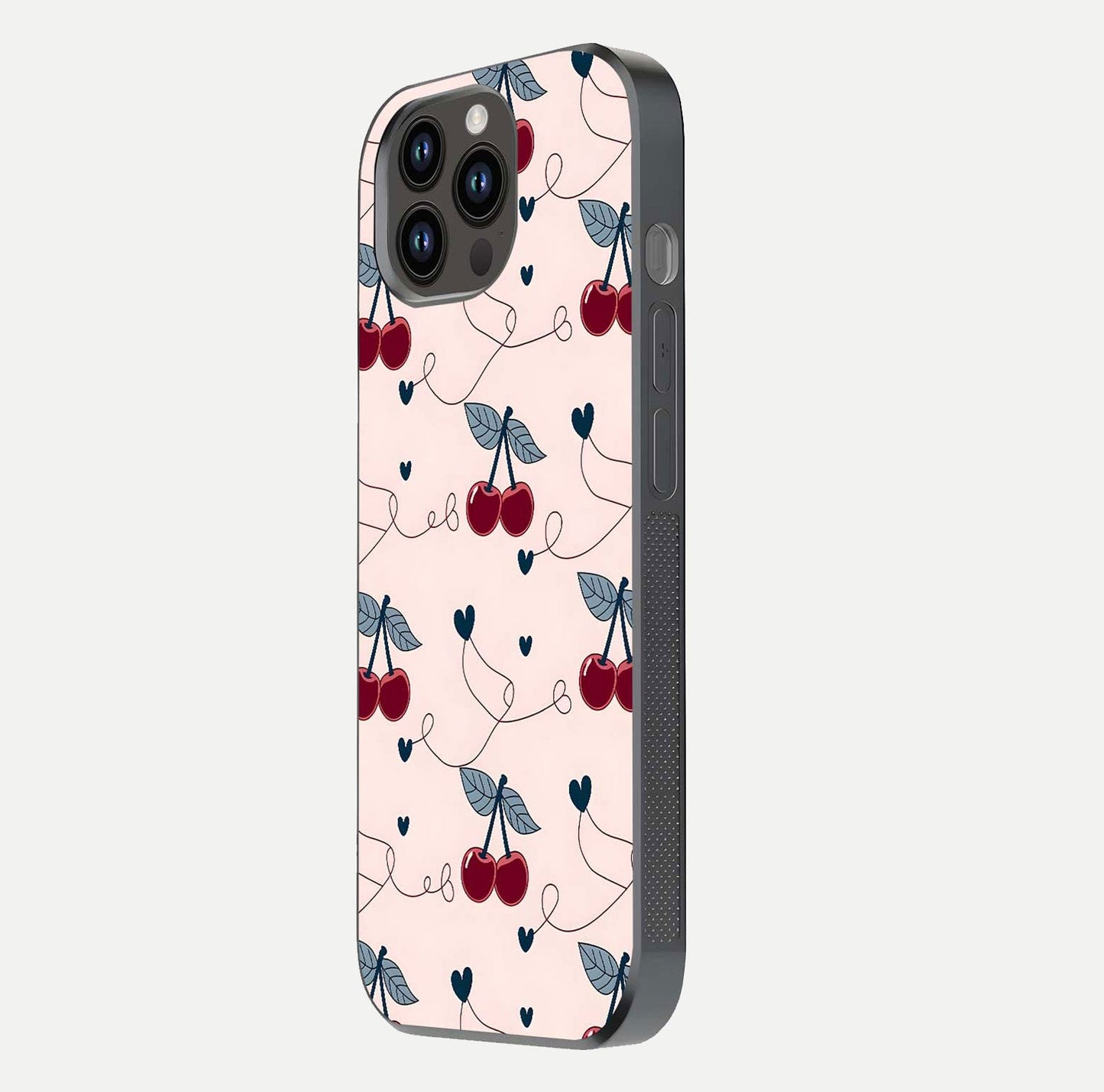 Cherry Heart Line Glass Case for iPhone 14 Pro Max side-angle view capturing smooth curves and shine effect
