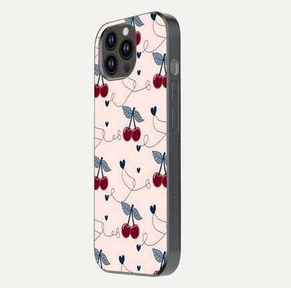 Cherry Heart Line Glass Case for iPhone 14 Pro Max side-angle view capturing smooth curves and shine effect