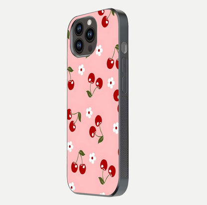 Cherry Love Mood Glass Case for iPhone 14 Pro Max side-angle image capturing smooth gloss and delicate details
