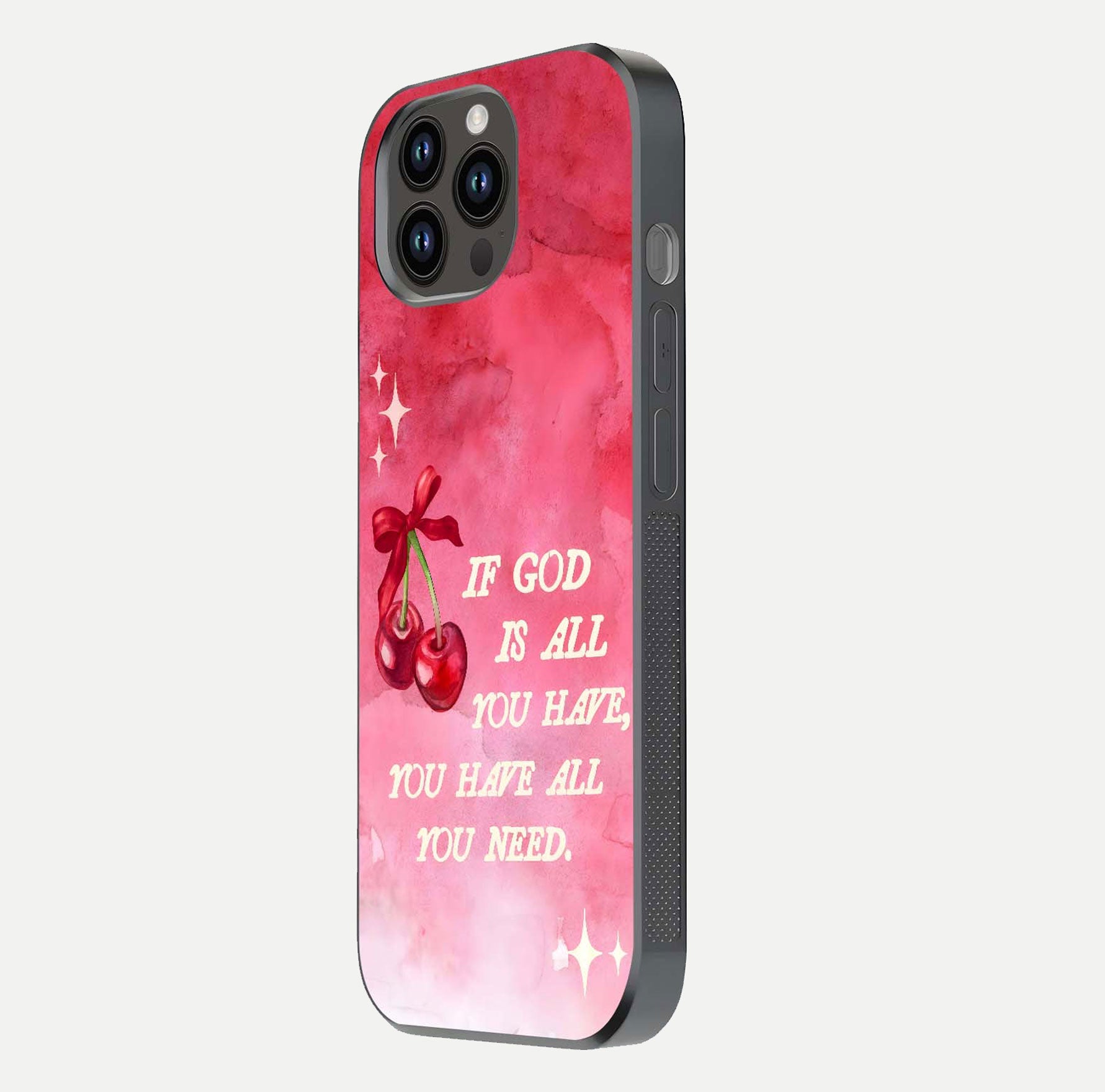 Cherry Quote Glass Case for iPhone 14 Pro Max side-angle image showing curve glow and glass detail