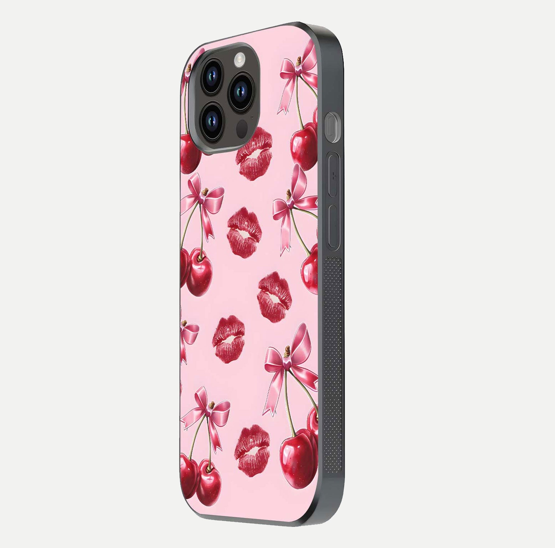 Cherry With Lips Glass Case for iPhone 14 Pro Max side-angle image showing gloss reflection and fine details
