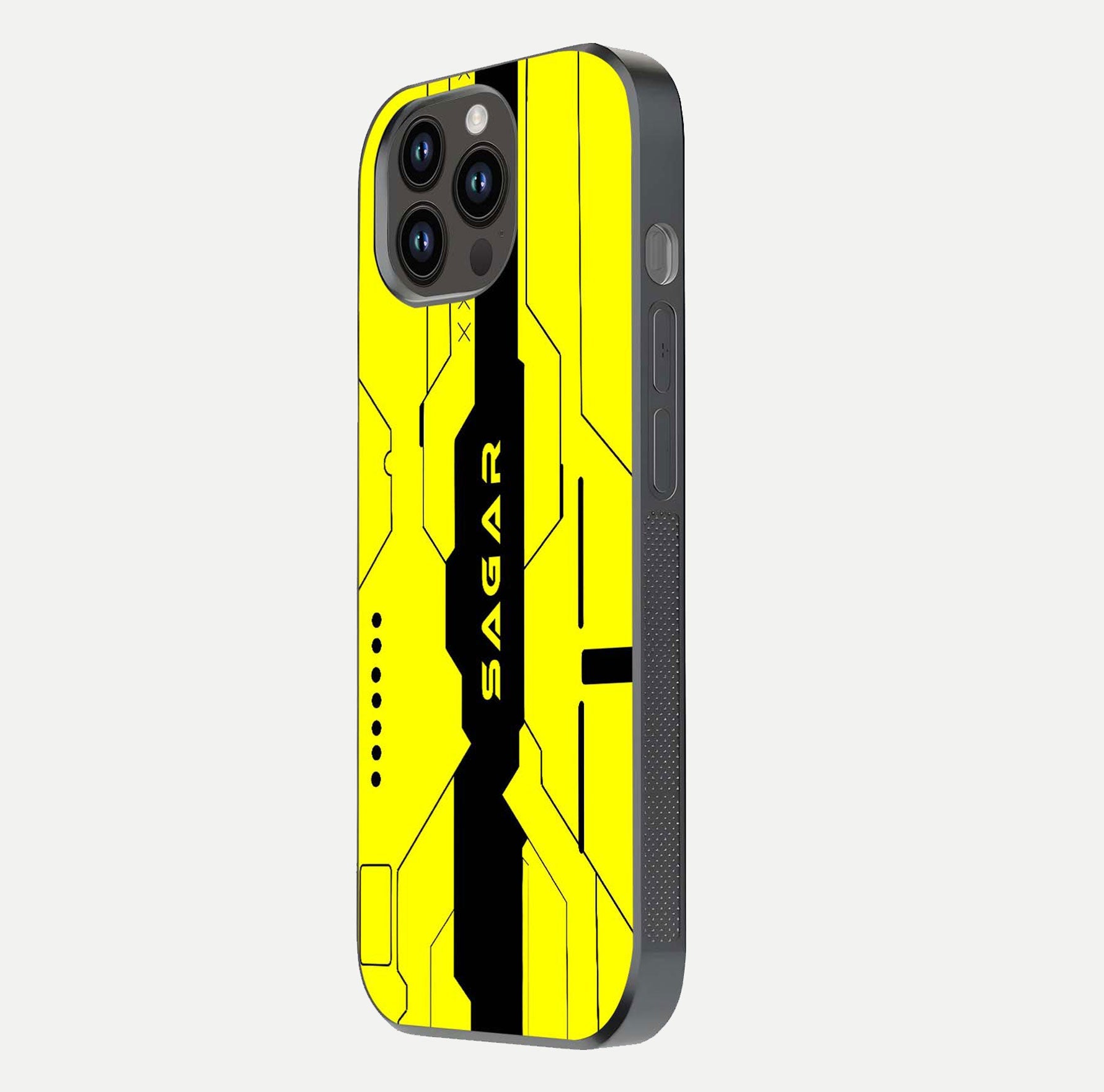 Circuit CYBERPUNK Custom Name Glass Case for iPhone 14 Pro Max side-angle image showing reflective finish and design precision