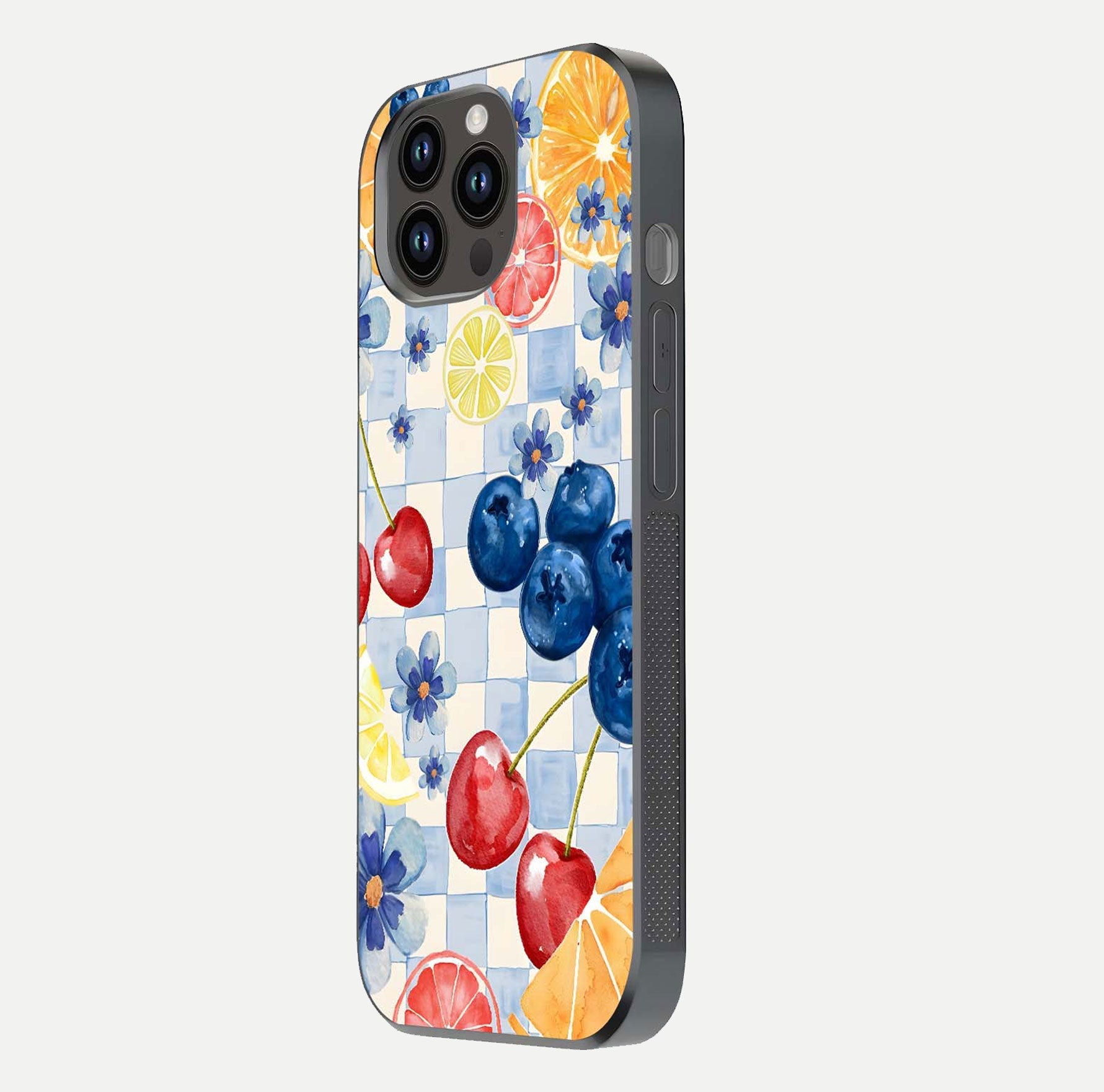 Citrus Bloom Joy Glass Case for iPhone 14 Pro Max side-angle photo capturing bright color and glass reflection