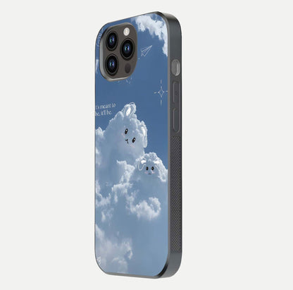 Cloud Bunny Dreams Glass Case for iPhone 14 Pro Max side-angle image capturing gloss texture and edge glow