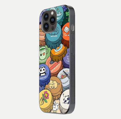 Coins Patterns Glass Case for iPhone 14 Pro Max side-angle photo capturing shine finish and curve glow