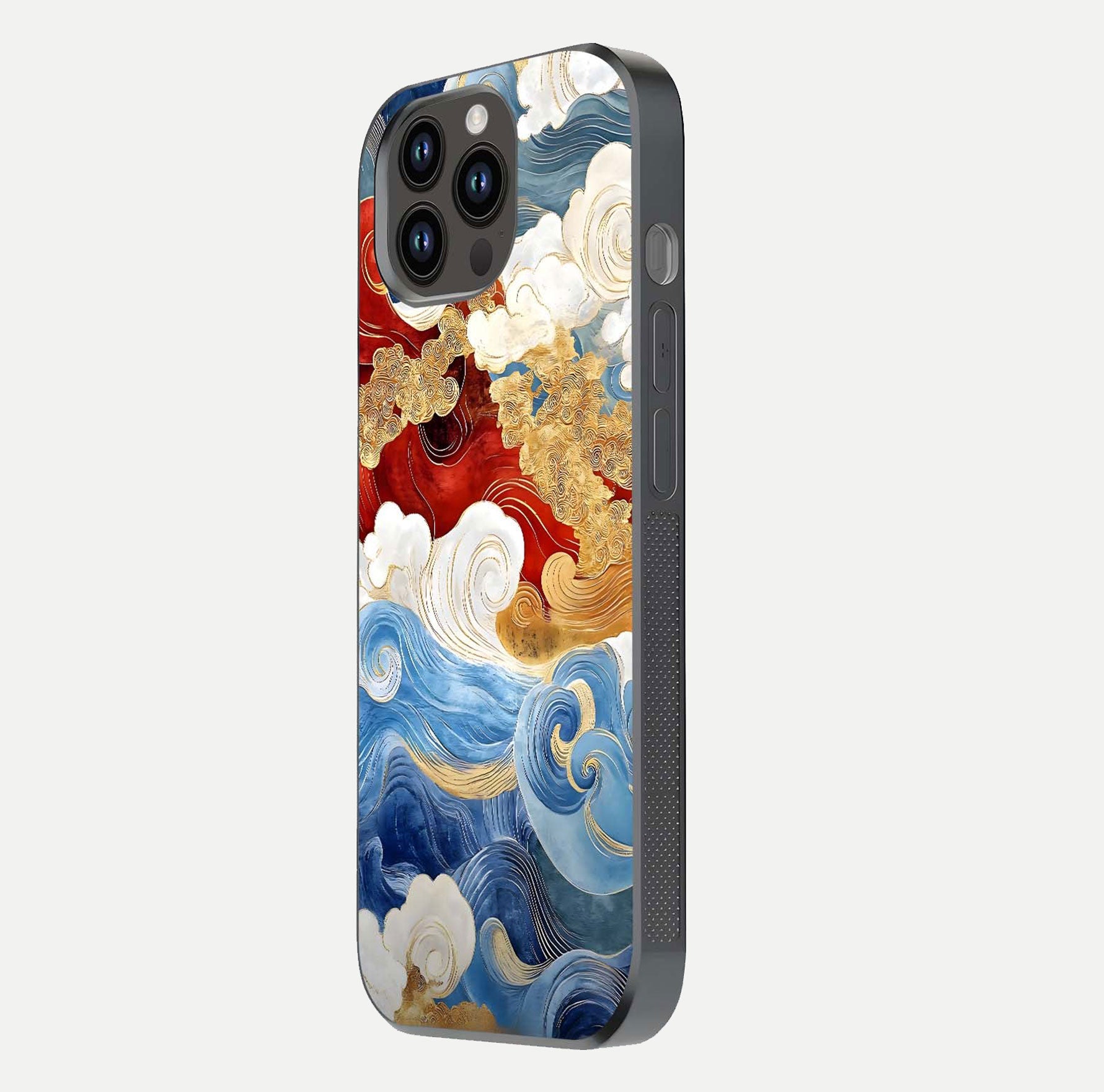 Colored Waves Glass Case for iPhone 14 Pro Max side-angle image showing light reflection, edge design, and shine