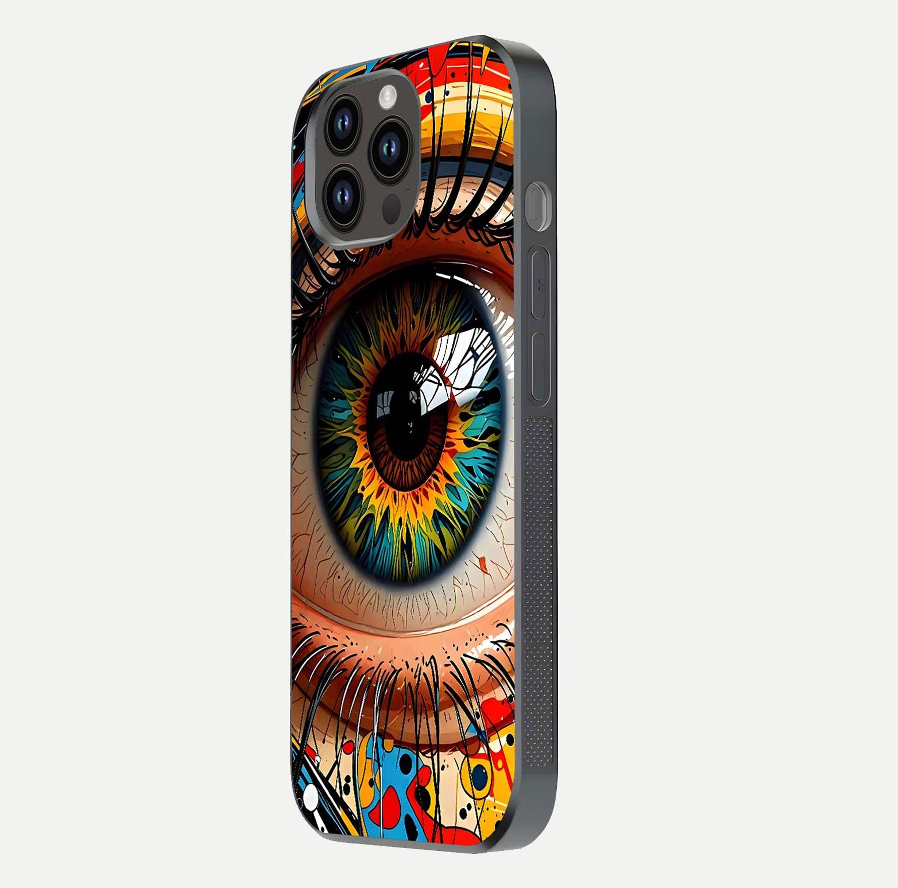 Colorful Eye Glass Case for iPhone 14 Pro Max side-angle photo showing reflective surface and design detail
