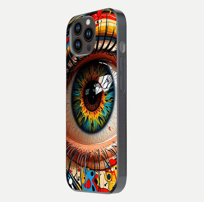 Colorful Eye Glass Case for iPhone 14 Pro Max side-angle photo showing reflective surface and design detail