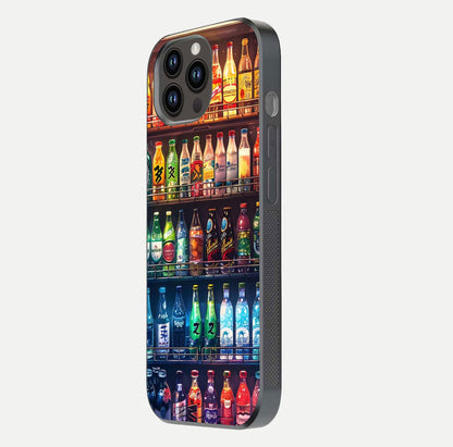 Colorful Soda Bottles Glass Case for iPhone 14 Pro Max side-angle photo showing polish shine and texture depth