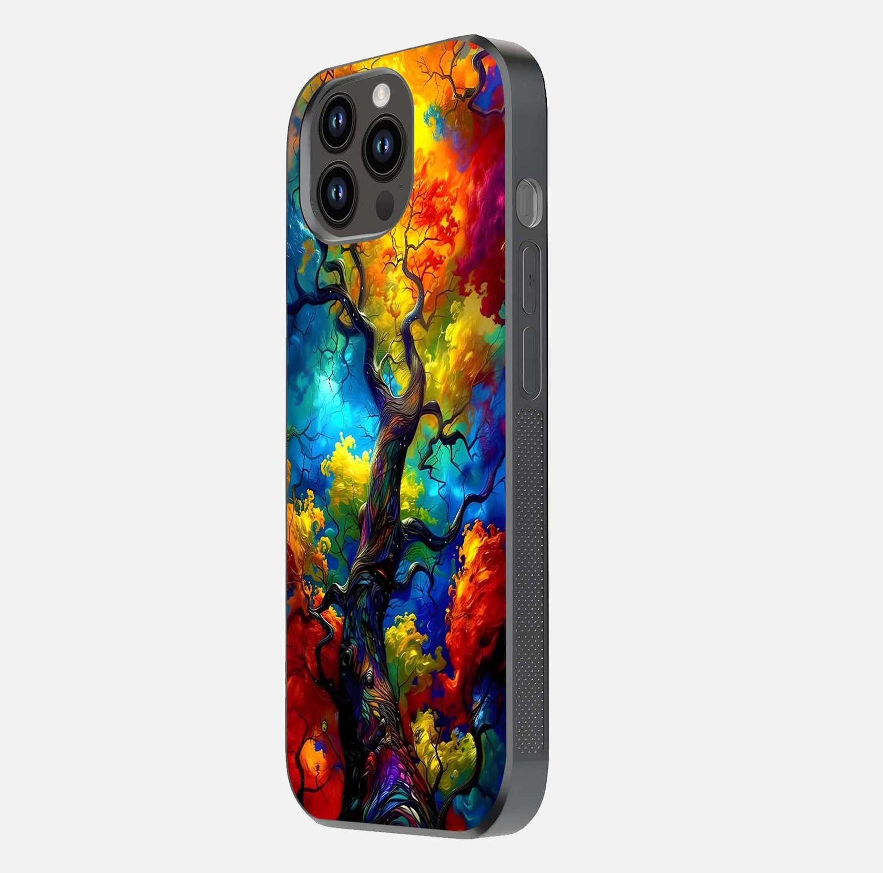Colorful Tree Glass Case for iPhone 14 Pro Max side-angle image showing curve reflection and fine print texture