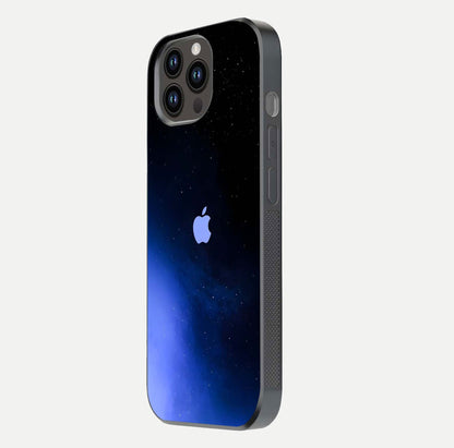 Cosmic Blue Apple Glass Case for iPhone 14 Pro Max side-angle image showing curve polish and star detail