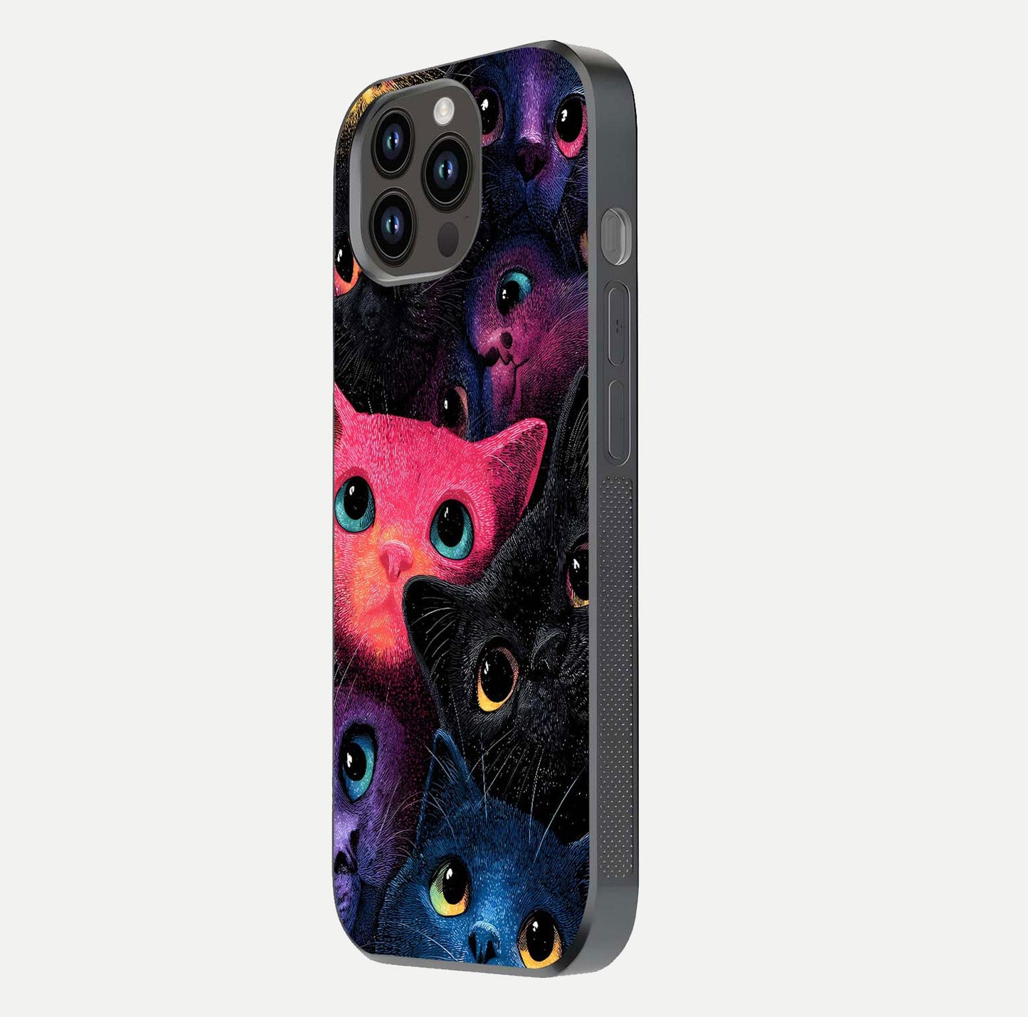 Cosmic Cats Dreams Glass Case for iPhone 14 Pro Max side-angle photo showing edge gloss and color depth