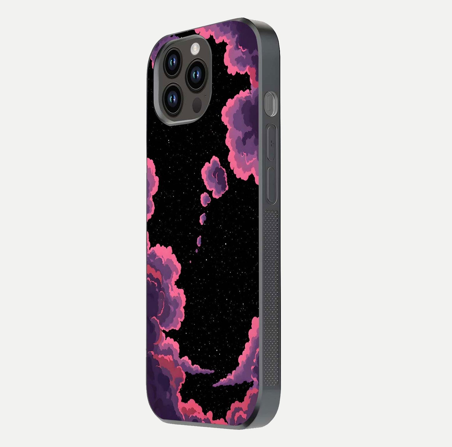 Cosmic Cloud Journey Glass Case for iPhone 14 Pro Max side-angle photo showing glass reflection and smooth tone