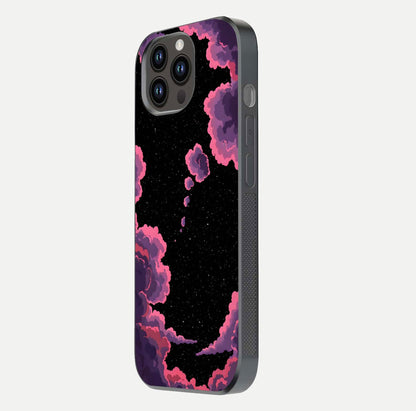Cosmic Cloud Journey Glass Case for iPhone 14 Pro Max side-angle photo showing glass reflection and smooth tone