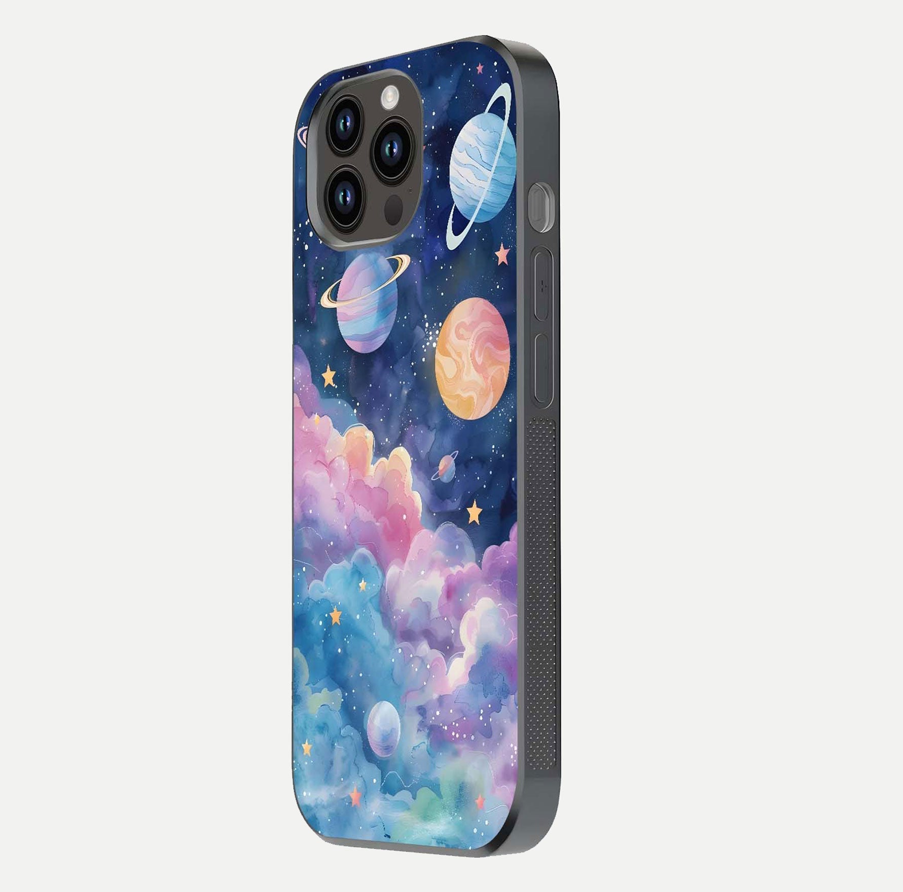 Cosmic Planet Dreams Glass Case for iPhone 14 Pro Max side-angle image showing texture clarity and shine