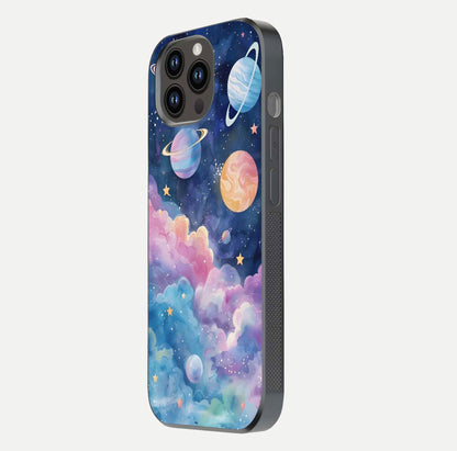 Cosmic Planet Dreams Glass Case for iPhone 14 Pro Max side-angle image showing texture clarity and shine