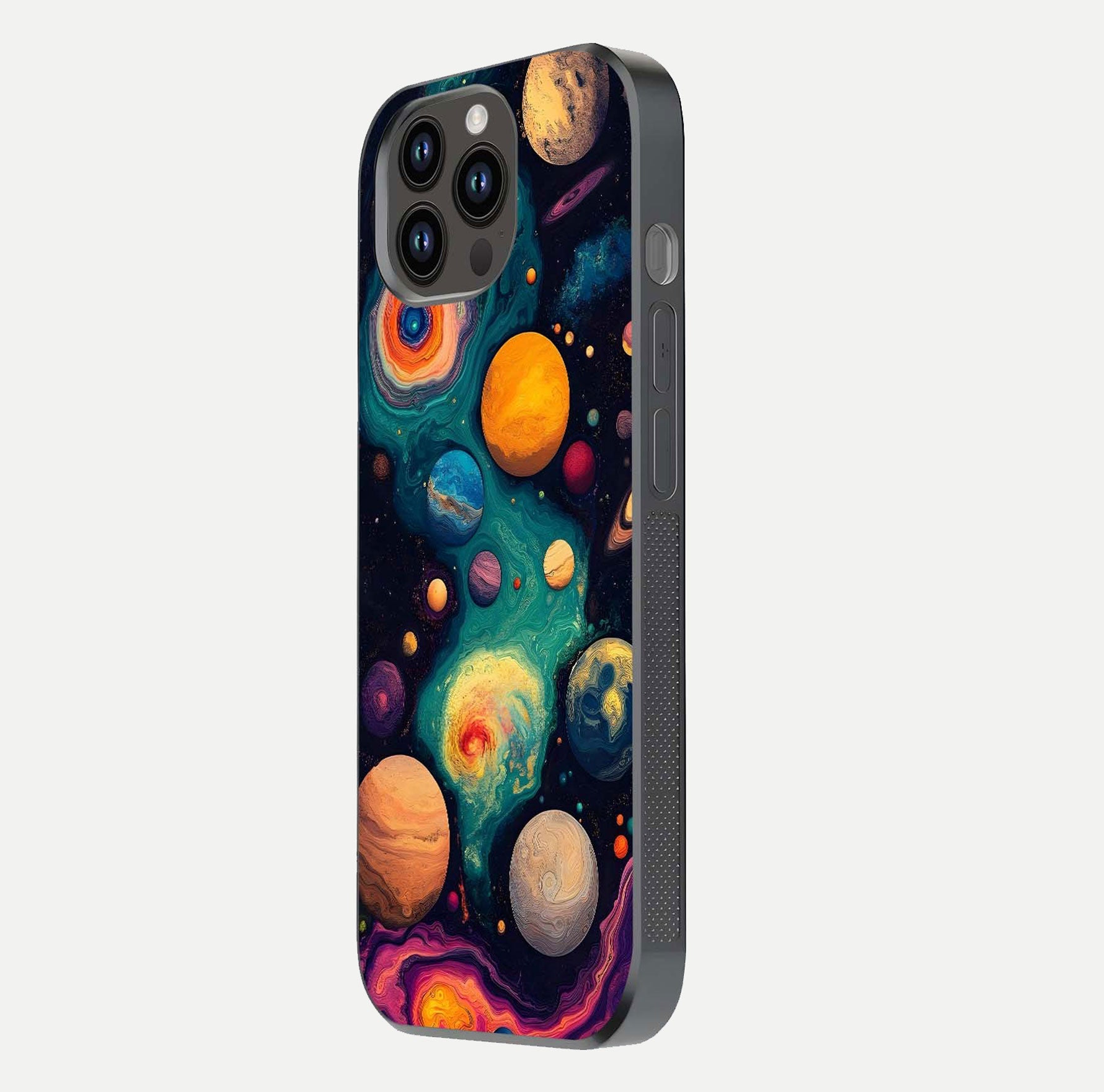 Cosmic Planet Journey Glass Case for iPhone 14 Pro Max side-angle image capturing smooth gloss and reflective edges