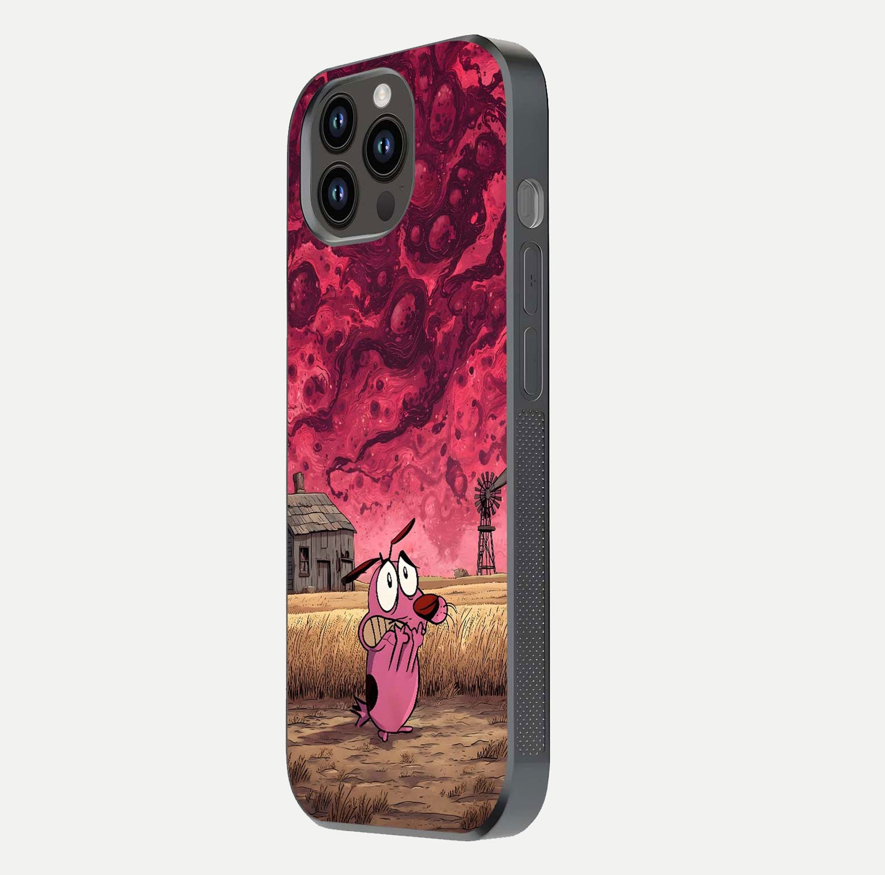 Courage Under Sky Glass Case for iPhone 14 Pro Max side-angle photo showing gloss tone and curve highlight