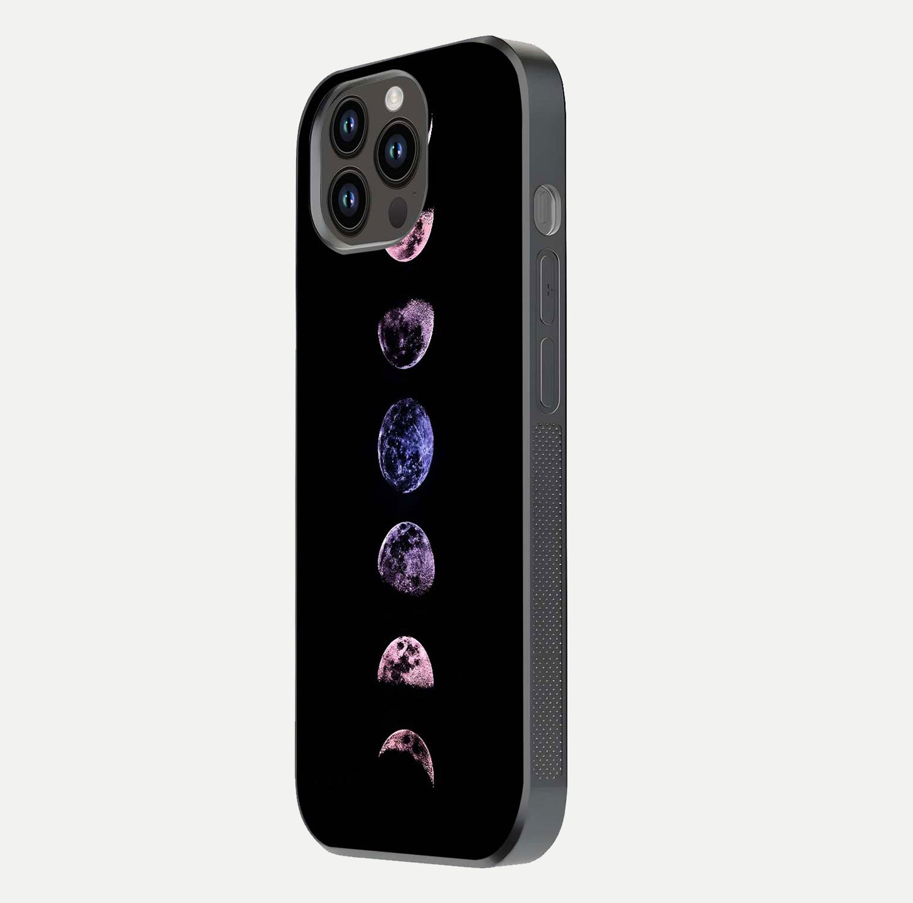 Crimson All Planets Glass Case for iPhone 14 Pro Max side-angle photo capturing edge glow and glass reflection