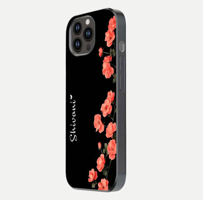 Crimson Bloom Grace Custom Name Glass Case for iPhone 14 Pro Max side-angle photo capturing edge glow and name clarity