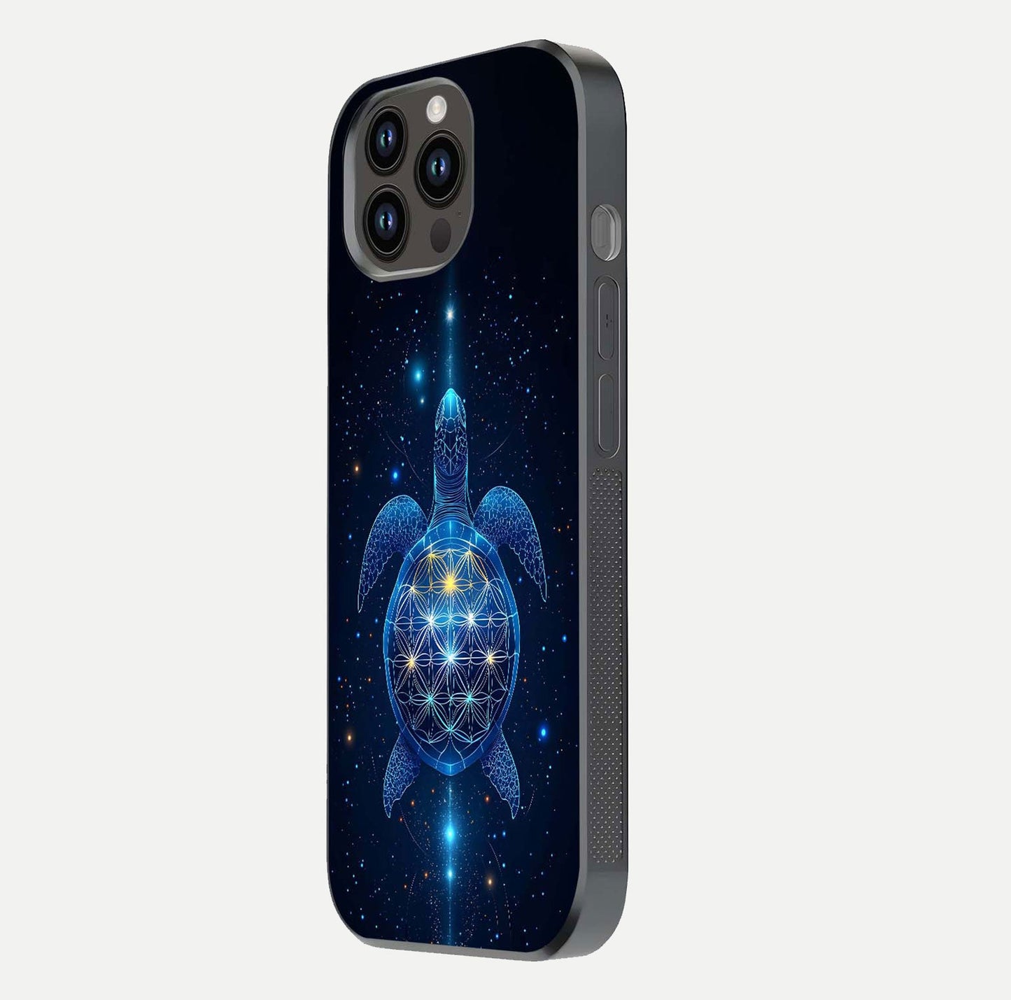 Crimson Blue Turtle Glass Case for iPhone 14 Pro Max side-angle photo showing curved edge and glass gloss