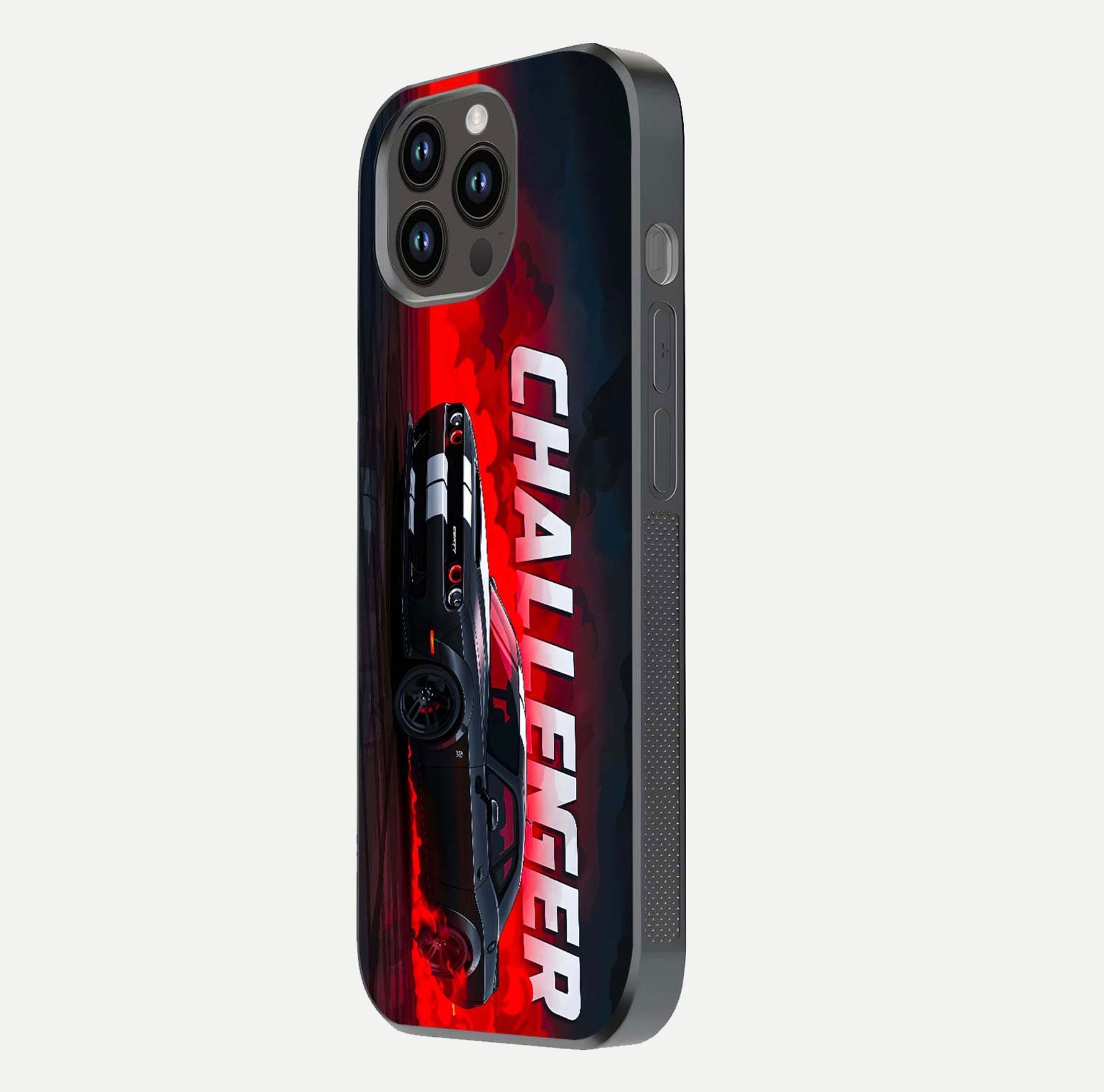 Crimson Challenger Fury Glass Case for iPhone 14 Pro Max side-angle image showing curve reflection and red finish