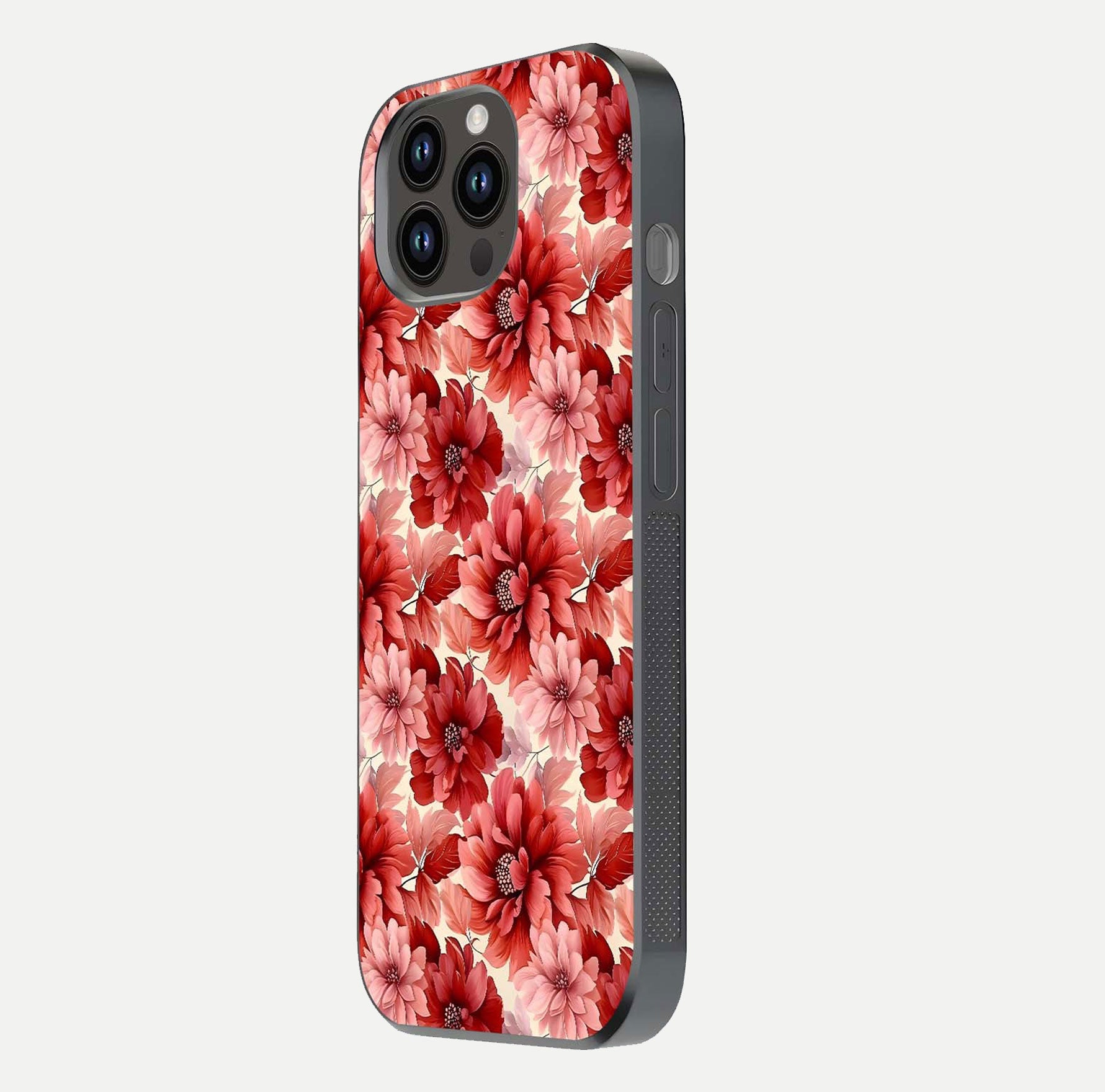 Crimson Love Petals Glass Case for iPhone 14 Pro Max side-angle photo showing reflection glow and edge clarity
