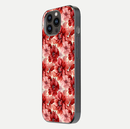 Crimson Love Petals Glass Case for iPhone 14 Pro Max side-angle photo showing reflection glow and edge clarity