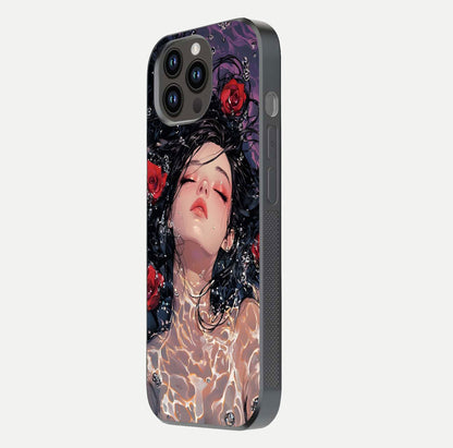 Crimson Rose Serenity Glass Case for iPhone 14 Pro Max side-angle photo showing glass reflection and soft edges
