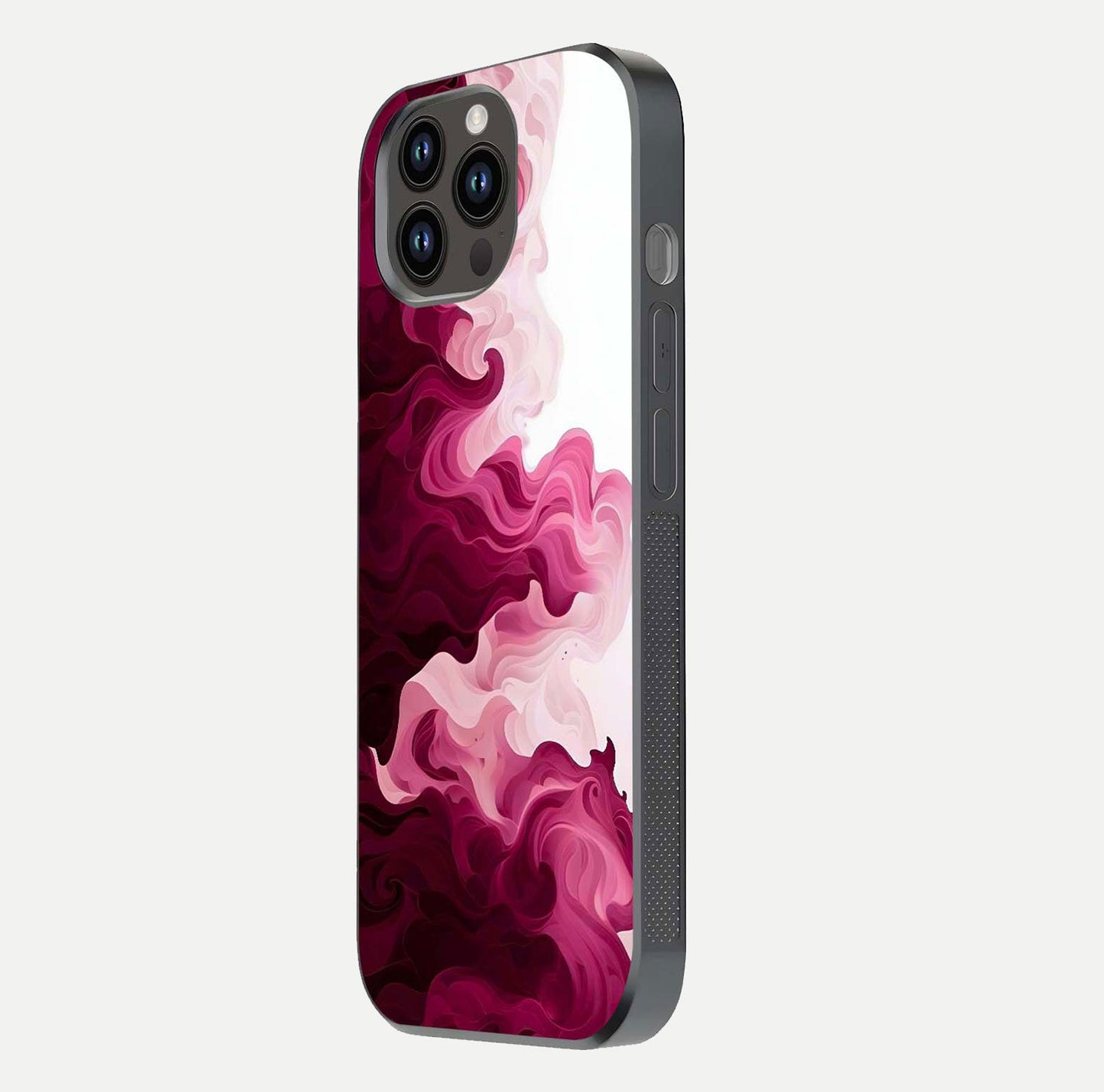 Crimson Wave Flow Glass Case for iPhone 14 Pro Max side-angle photo showing reflection glow and HD finish