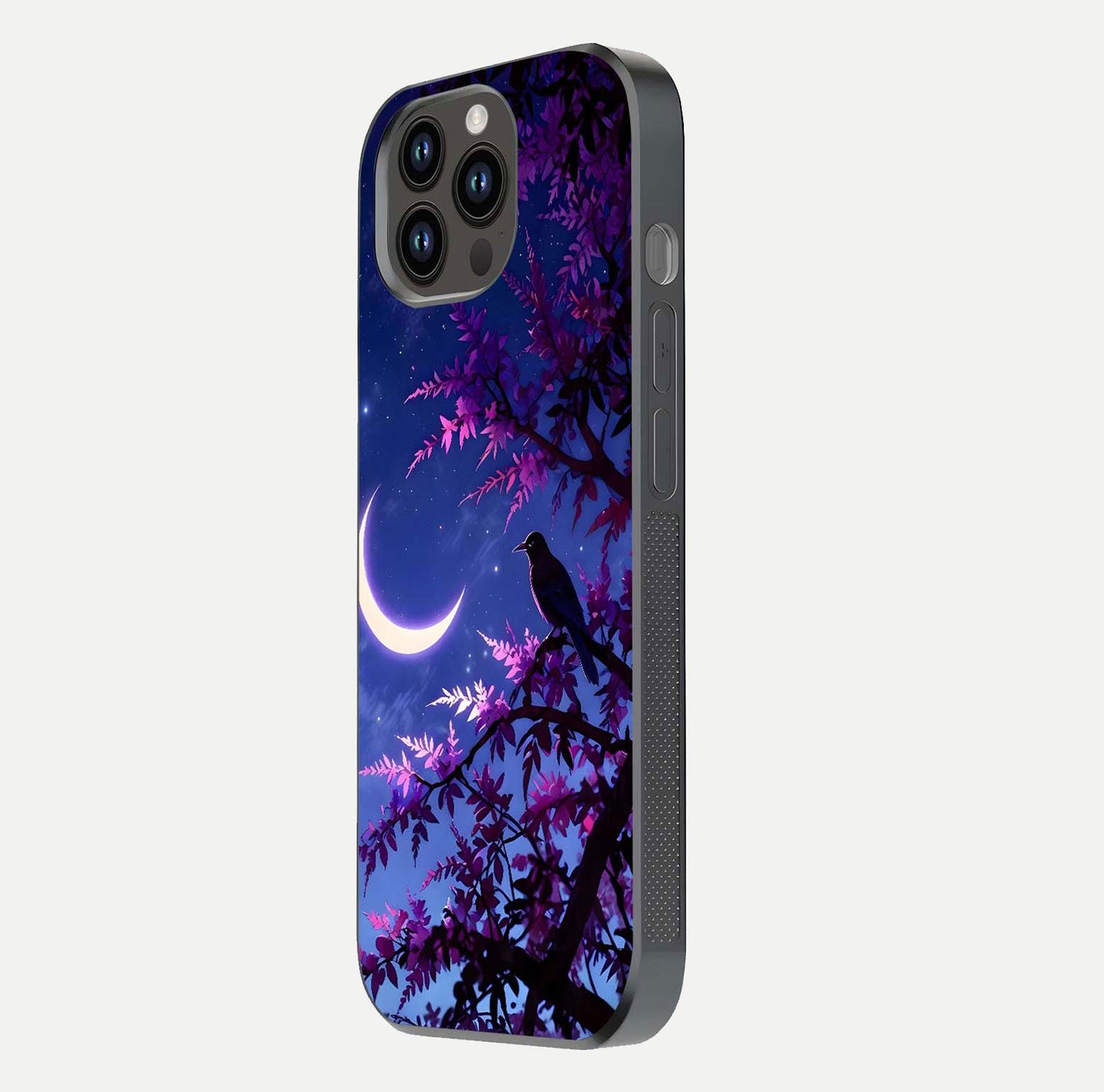 Crow & Moon Scenery Glass Case for iPhone 14 Pro Max side-angle photo capturing glossy shine and artistic contrast