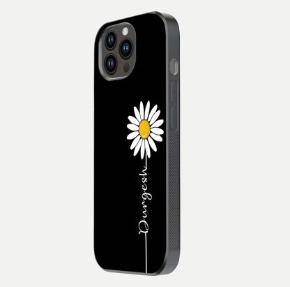 Custom Name White Flower Glass Case for iPhone 14 Pro Max side-angle photo showing reflection shine and name clarity