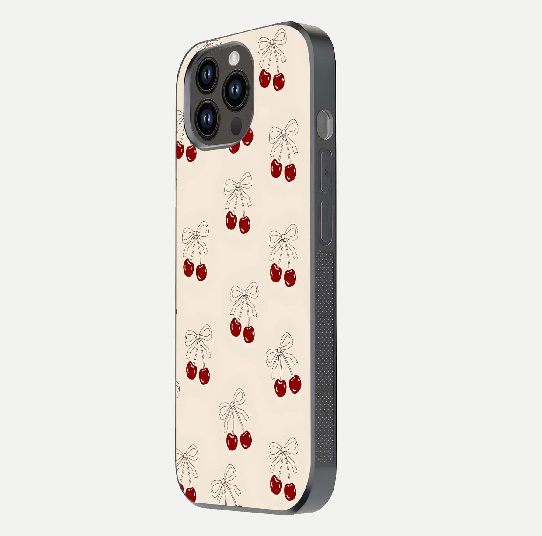 Cute Cherry Pattern Glass Case for iPhone 14 Pro Max side-angle photo highlighting gloss curve and pattern clarity