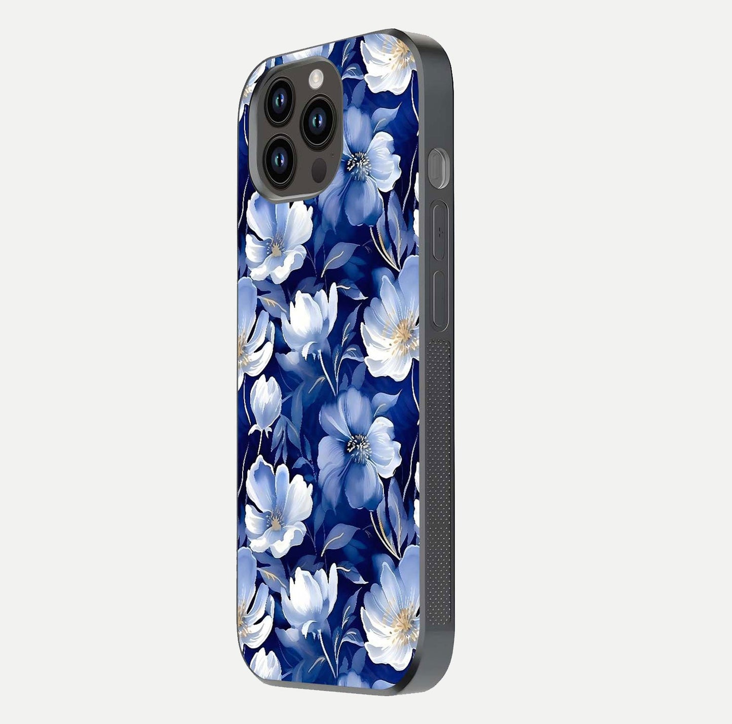Cute Floral Patterns Glass Case for iPhone 14 Pro Max side-angle image showing polished surface and gloss tone