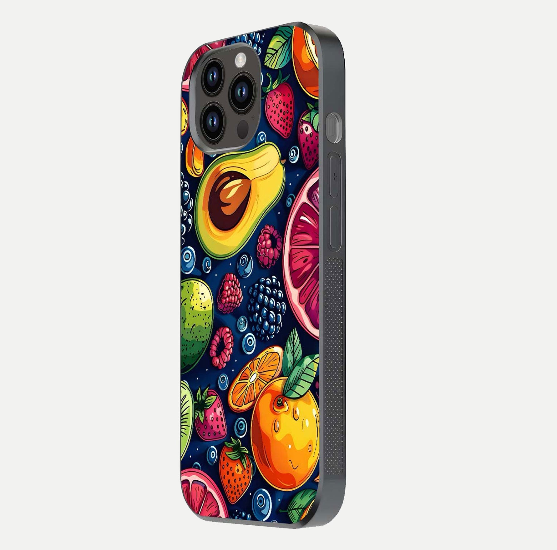 Cute Fruits Art Glass Case for iPhone 14 Pro Max side-angle photo showing reflective finish and smooth edges
