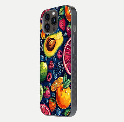 Cute Fruits Art Glass Case for iPhone 14 Pro Max side-angle photo showing reflective finish and smooth edges