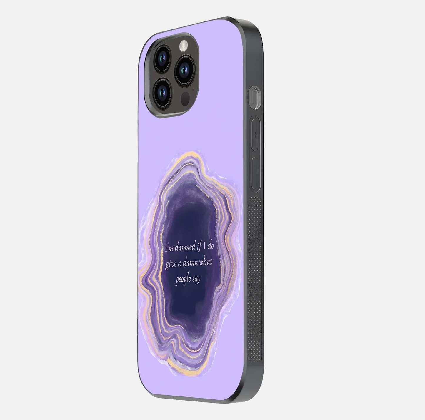 Damned People Quote Glass Case for iPhone 14 Pro Max side-angle image showing light shine and smooth edges