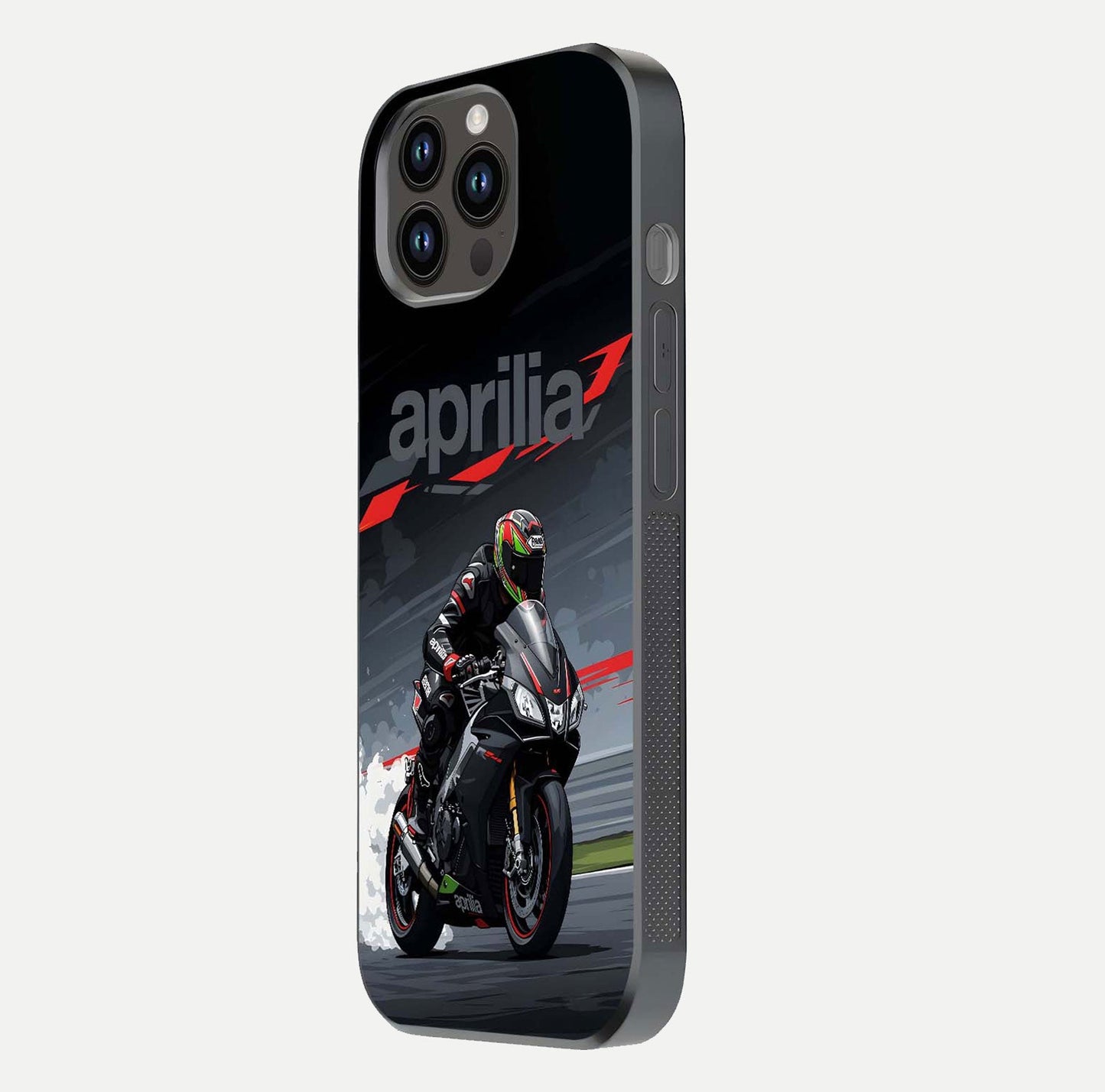 Dark Aprilla Glass Case for iPhone 14 Pro Max side-angle photo showing reflection gloss and curved edge finish