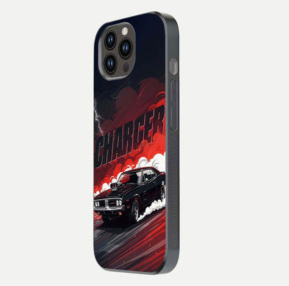 Dark Charger Fury Glass Case for iPhone 14 Pro Max side-angle image showing edge gloss and bold tone