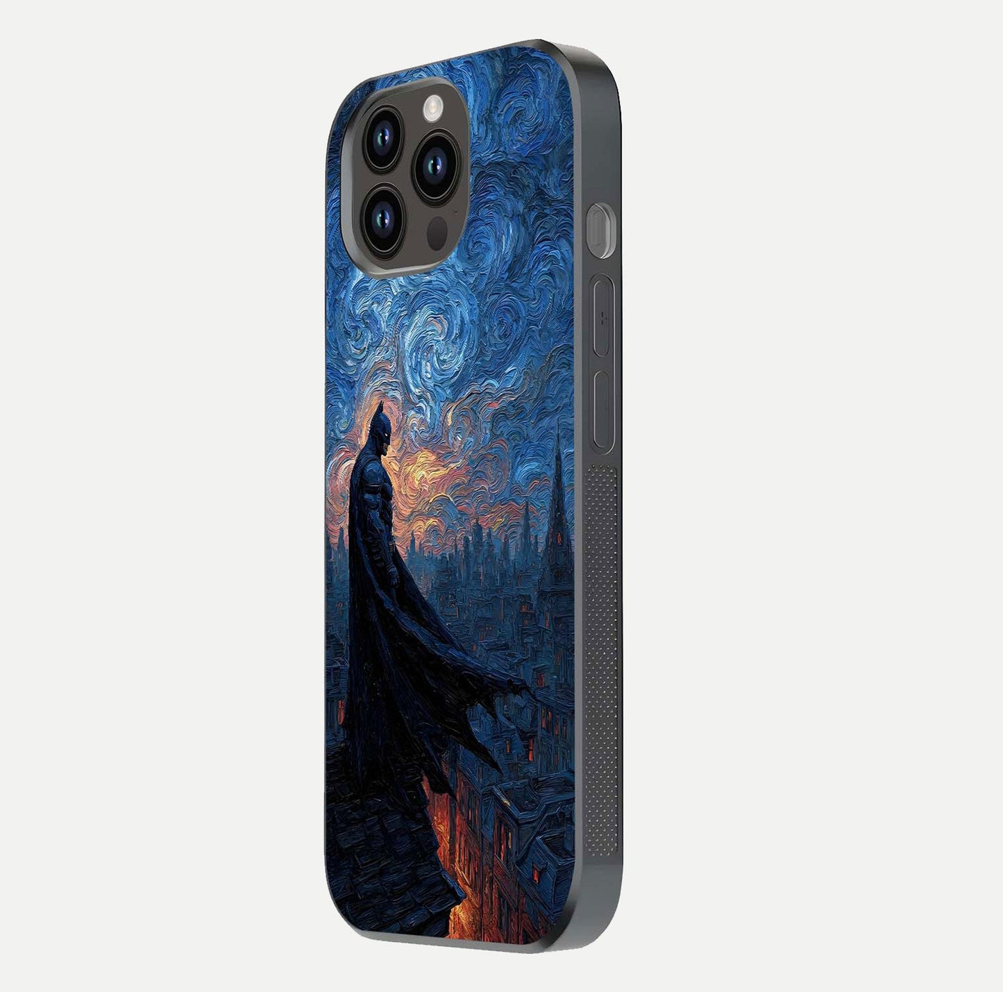 Dark Knight Dusk Glass Case for iPhone 14 Pro Max side-angle image capturing reflection shine and bold contrast
