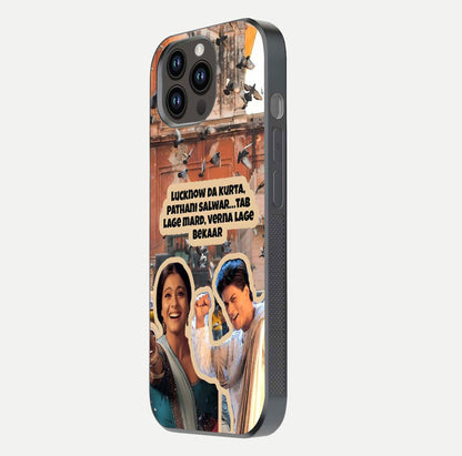 Desi Retro Vibes Glass Case for iPhone 14 Pro Max side-angle image displaying gloss texture and bold pattern