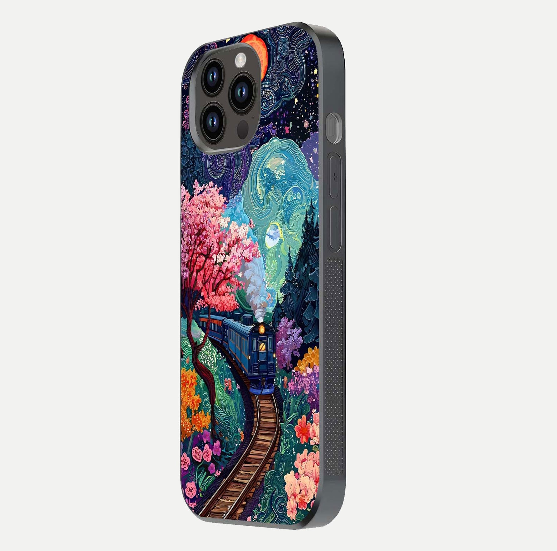 Digital Art Glass Case for iPhone 14 Pro Max side-angle photo showing shine depth and artistic clarity