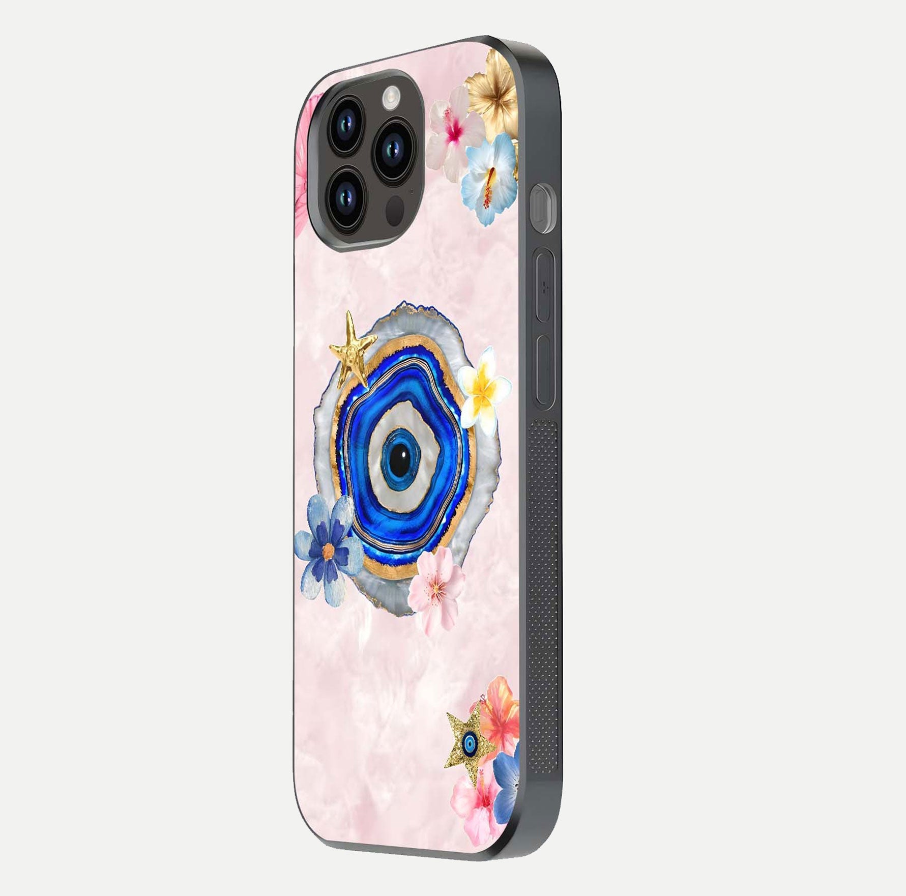 Divine Aura Bloom Glass Case for iPhone 14 Pro Max side-angle photo capturing reflection glow and premium polish