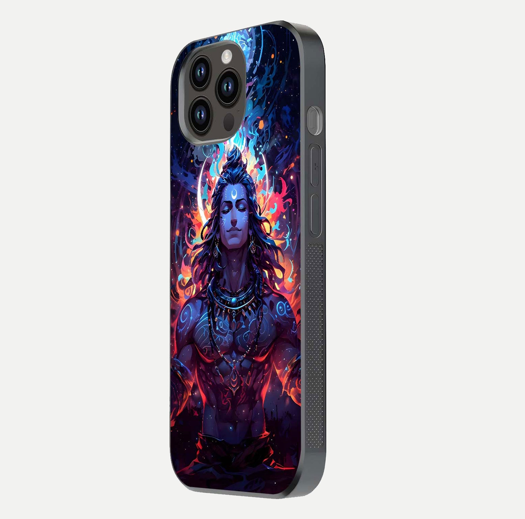 Divine Fire Shiv Glass Case for iPhone 14 Pro Max side-angle image showing reflection clarity and shine